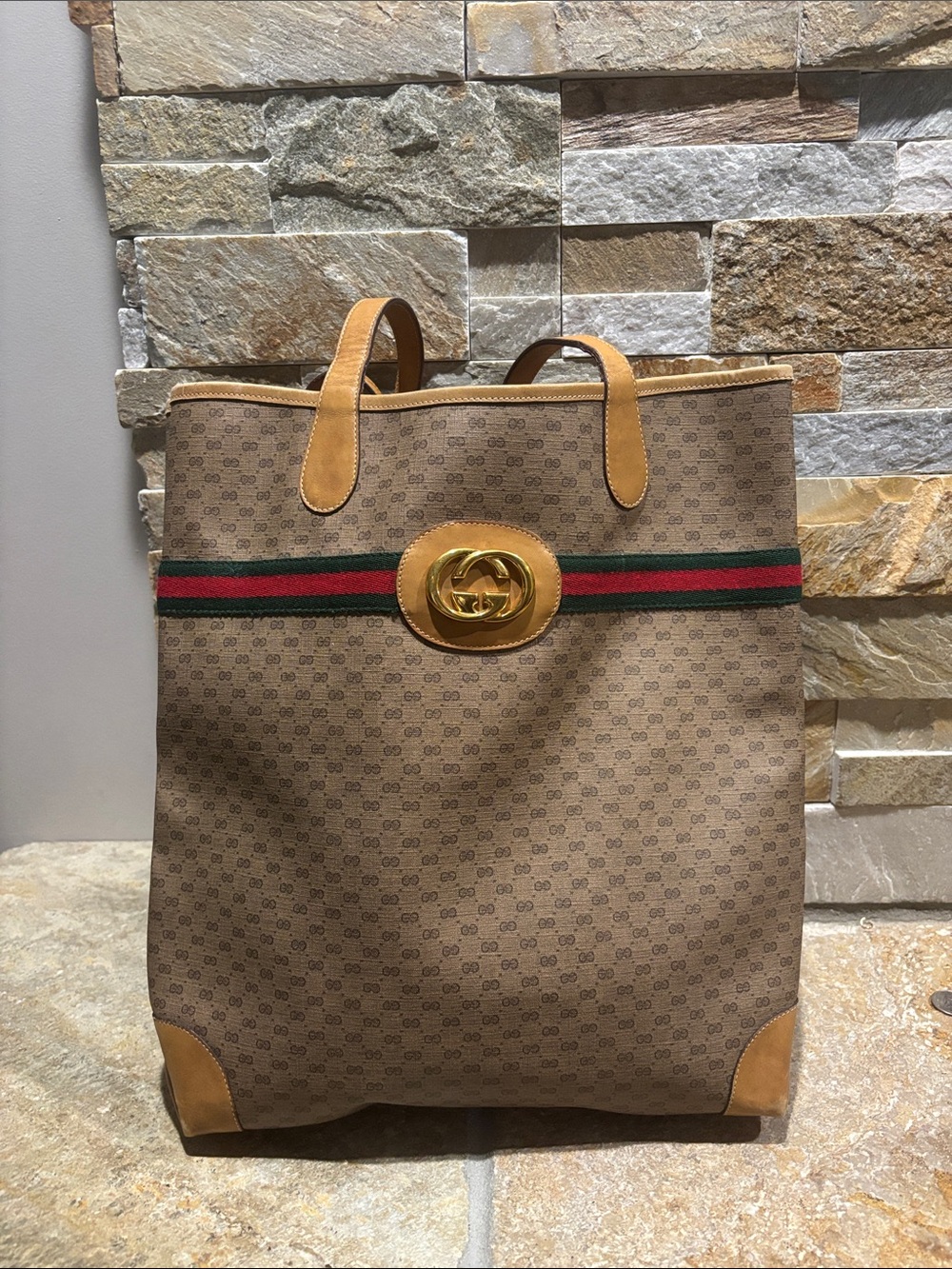 Gucci Brown Monogram Tote with Green-Red Stripe and Gold Hardware